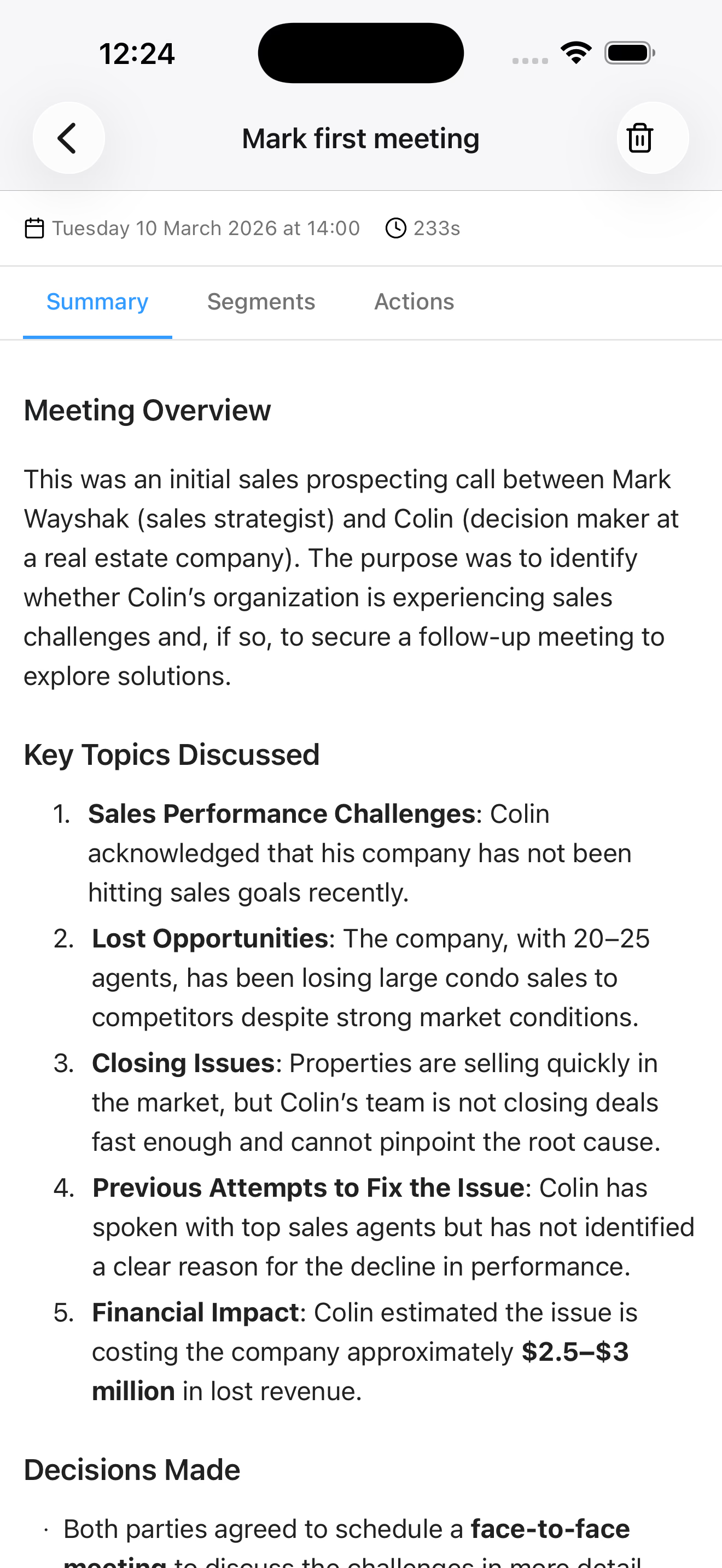 App view showing a meeting summary, key topics, segments, and actions